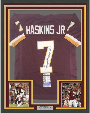 Framed Autographed/Signed Dwayne Haskins Jr. 35x39 Washington Jersey JSA COA