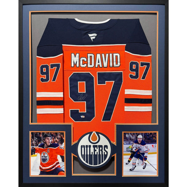 Connor McDavid Autographed Signed Framed Orange Edmonton Oilers Jersey FANATICS