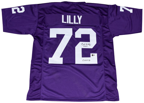 BOB LILLY AUTOGRAPHED TCU HORNED FROGS #72 PURPLE JERSEY W/ 60 AA & CHOF 81