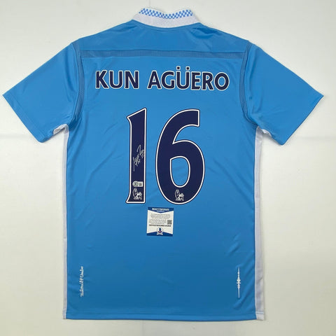 Autographed/Signed Sergio Kun Aguero Manchester City Blue Jersey BAS COA