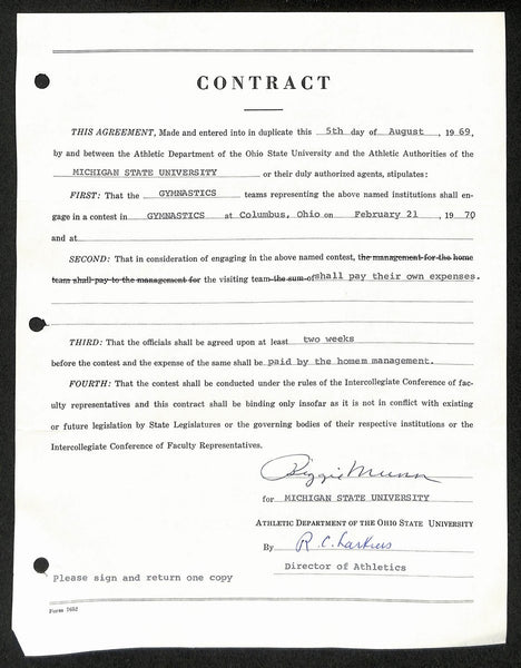 Biggie Munn HOF Michigan State Head Coach Signed/Auto Contract JSA BA199637