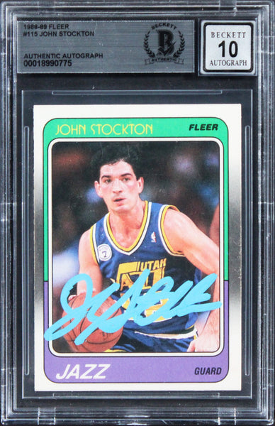 Jazz John Stockton Authentic Signed 1988 Fleer #115 Card Auto 10! BAS Slabbed