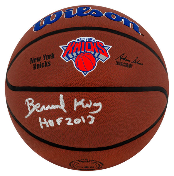 Bernard King Signed Wilson Knicks Brown Logo NBA Basketball w/HOF (SCHWARTZ COA)