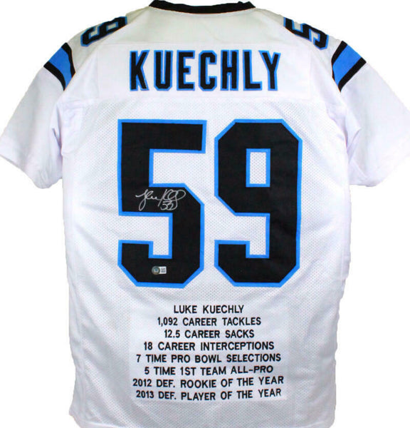 Luke Kuechly Autographed White Pro Style Stat Jersey- Beckett W Hologram *Silver