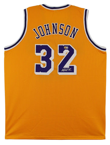 Magic Johnson Authentic Signed Yellow Pro Style Jersey BAS Witnessed 2