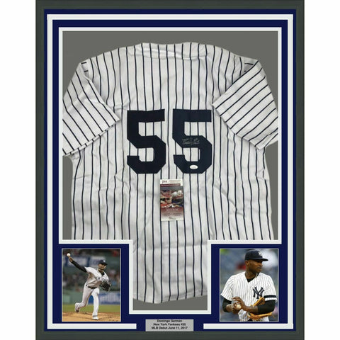 FRAMED Autographed/Signed DOMINGO GERMAN 33x42 New York Pinstripe Jersey JSA COA