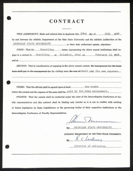 Biggie Munn HOF Michigan State Head Coach Signed/Auto Contract JSA BA199664