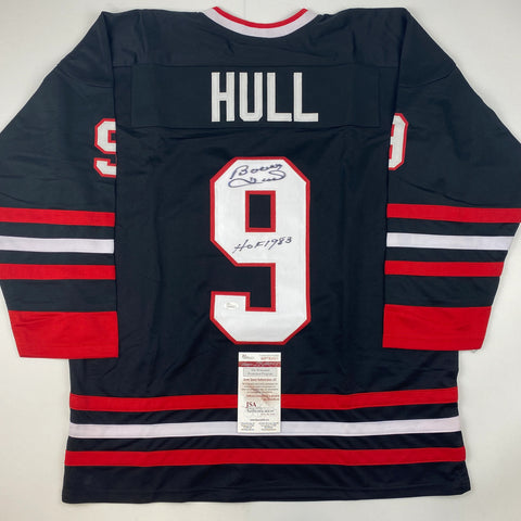 Autographed/Signed Bobby Hull HOF 1983 Chicago Black Hockey Jersey JSA COA
