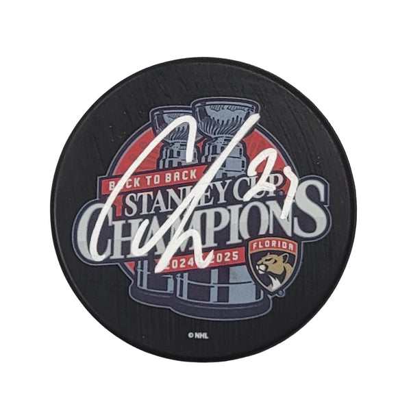 Carter Verhaeghe Signed Florida Panthers 2025 Back To Back Champions Puck BAS