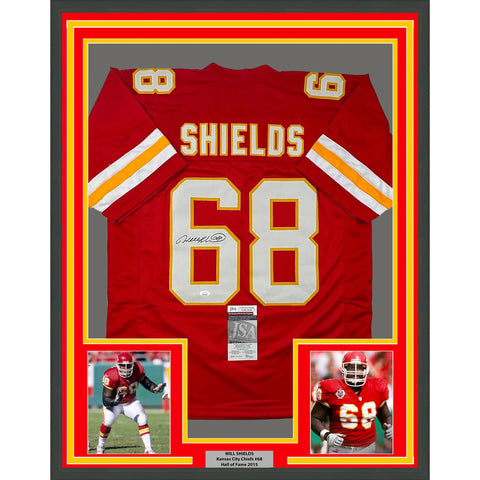Framed Autographed/Signed Will Shields 33x42 Kansas City Red Jersey JSA COA