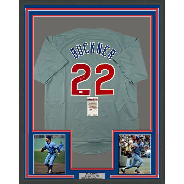 Framed Autographed/Signed Bill Buckner 33x42 Chicago Grey Jersey JSA COA