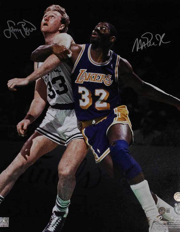 Larry Bird & Magic Johnson Autographed Lakers/Celtics 16x20 Photo BAS 40017