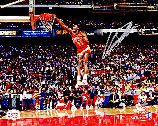 Dominique Wilkins Signed Atlanta Hawks One Hand Slam Dunk Action 8x10 Photo - SS