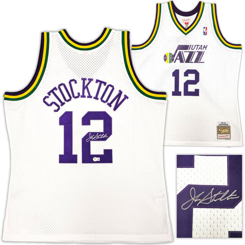 JAZZ JOHN STOCKTON AUTOGRAPHED WHITE M&N 1991-92 JERSEY XL BECKETT 224338