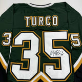 Autographed/Signed Marty Turco Dallas Green Hockey Jersey JSA COA