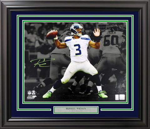 Russell Wilson Signed Framed 16x20 Photo Seahawks 1st Game Spotlight RW Holo