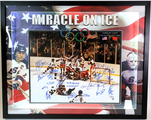 1980 Miracle on Ice USA Team Autographed 16x20 Photo LED Shadowbox BAS COA