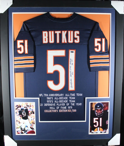 Dick Butkus Autographed/Signed Pro Style Framed Blue XL Jersey TRI 40122