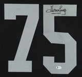 Howie Long Signed Oakland Raiders 35x43 Framed Jersey (Beckett) 8xPro Bowl DE