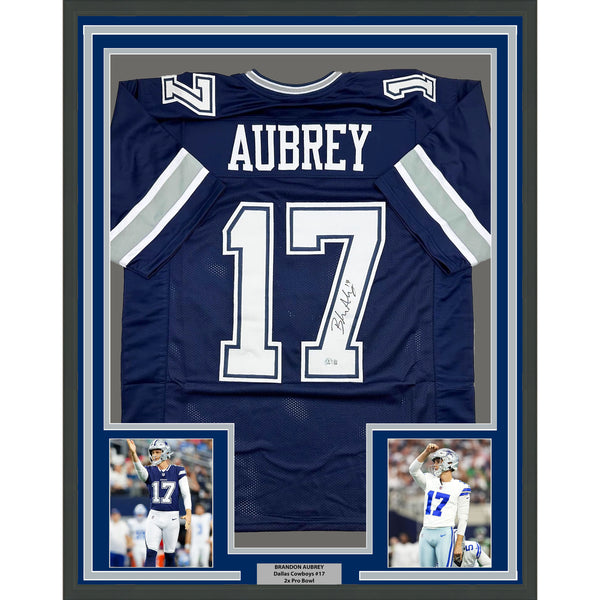 Framed Autographed/Signed Brandon Aubrey 35x39 Dallas Blue Jersey Beckett COA
