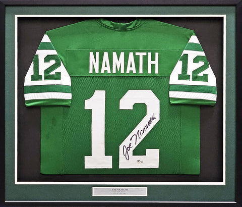 NEW YORK JETS JOE NAMATH AUTOGRAPHED FRAMED GREEN JERSEY BECKETT WITNESS 215859