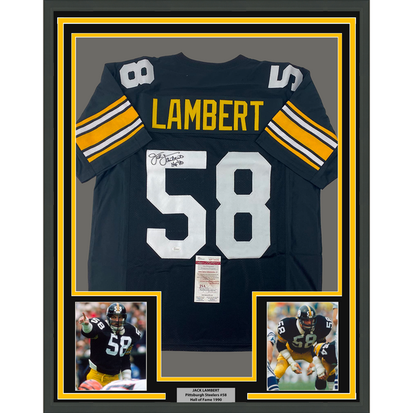 Framed Autographed/Signed Jack Lambert 33x42 HOF 90 Black Jersey JSA COA