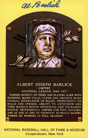 Al Barlick Authentic Signed 3.5x5.5 HOF Plaque Postcard JSA #S85226