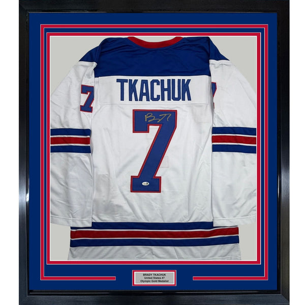 Framed Signed Brady Tkachuk 35x39 USA 2026 Olympics White Jersey JSA COA