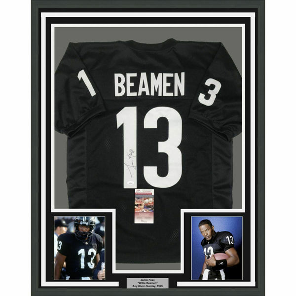 FRAMED Autographed/Signed JAMIE FOXX Willie Beamen 33x42 Black Jersey JSA COA
