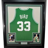 Framed Autographed/Signed Larry Bird 33x42 Boston Green Jersey PSA/DNA COA