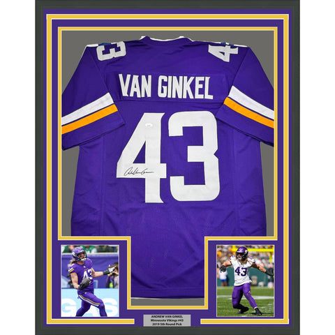 Framed Autographed/Signed Andrew Van Ginkel 35x39 Purple Football Jersey JSA COA