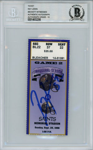 Ray Lewis Autographed/Signed 9/29/1996 vs Saints Ticket Beckett Slab 39176