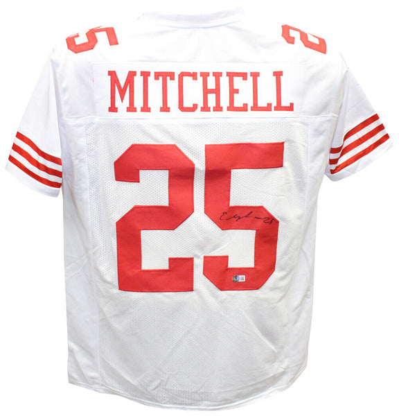 Elijah Mitchell Autographed/Signed Pro Style White Jersey Beckett 40310