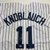 Autographed/Signed Chuck Knoblauch NY Pinstripe Baseball Jersey BAS COA