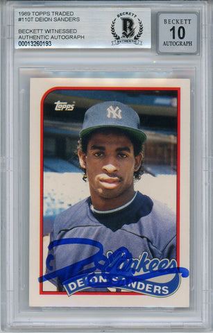 Deion Sanders Signed 1989 Topps Traded #110T Rookie Card BAS 10 Slab 33896