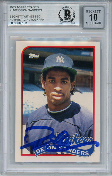 Deion Sanders Signed 1989 Topps Traded #110T Rookie Card BAS 10 Slab 33896