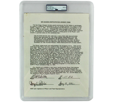 Bill Walton Signed 8.5x11 Mint 9 Graded Encapsulated Consent Form