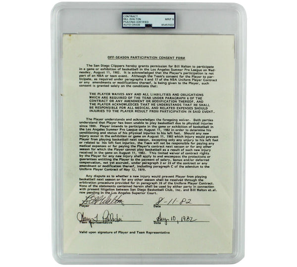 Bill Walton Signed 8.5x11 Mint 9 Graded Encapsulated Consent Form