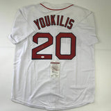 Autographed/Signed KEVIN YOUKILIS Boston White Baseball Jersey JSA COA Auto