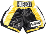 FLOYD MAYWEATHER JR. AUTOGRAPHED BLACK & GOLD BOXING TRUNKS 50-0 BECKETT 221641