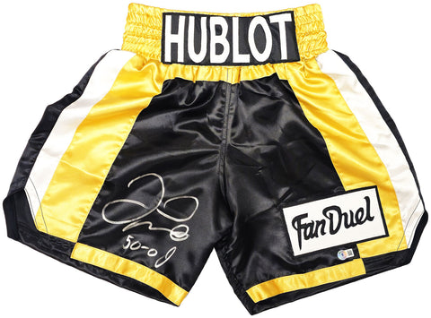FLOYD MAYWEATHER JR. AUTOGRAPHED BLACK & GOLD BOXING TRUNKS 50-0 BECKETT 221641
