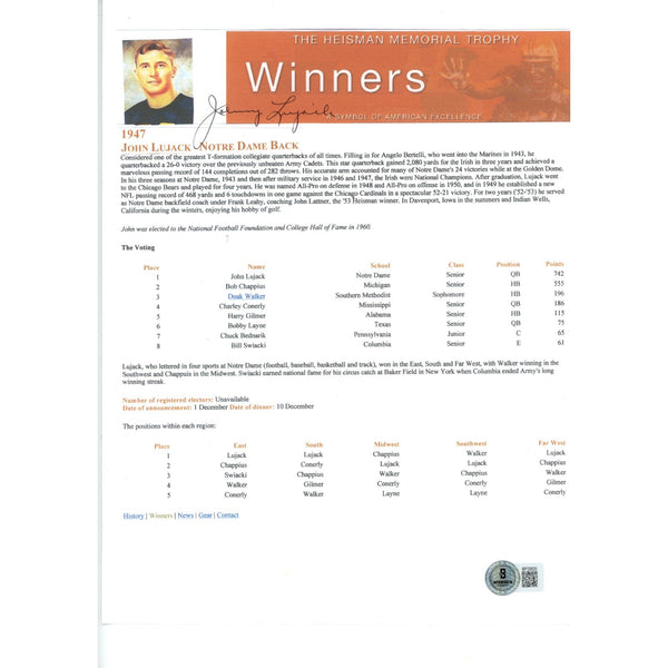 Johnny LuJack Signed Notre Dame Fighting Irish 1947 Heisman Bio Beckett 49406