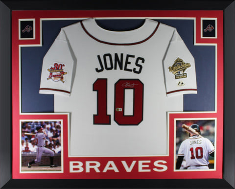 Chipper Jones Signed Braves 1995 World Series Majestic Framed Jersey Beckett COA