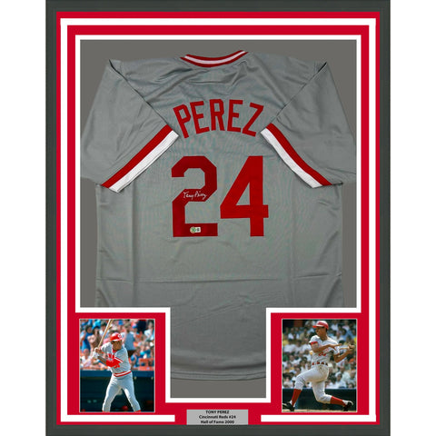 Framed Autographed/Signed Tony Perez 33x42 Cincinnati Grey Jersey BAS COA
