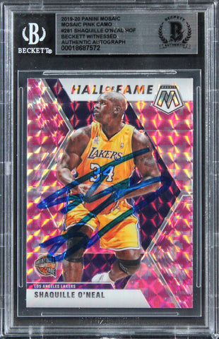 Lakers Shaquille O'Neal Signed 2019 Panini Mosaic Pink Camo #281 Card BAS Slab