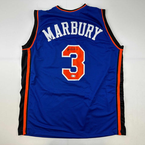 Autographed/Signed Stephon Marbury New York Blue Basketball Jersey Beckett COA