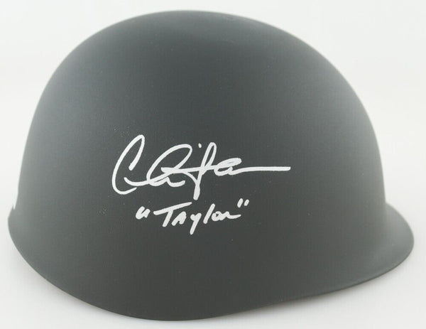 alex.taylor leather football helmet Charlie Sheen (Chris Taylor) Signed "Platoon" Army Helmet Ins. "Taylor – Super Sports Center