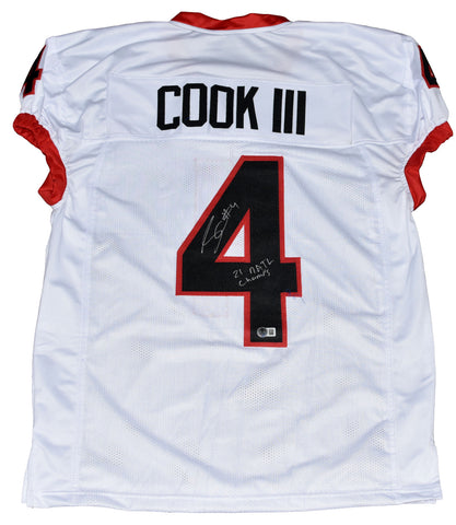 JAMES COOK III SIGNED GEORGIA BULLDOGS #4 WHITE JERSEY W/ 21 NATL CHAMPS