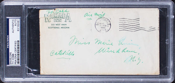 Tigers Ty Cobb Signed 3.75x6.5 Envelope Postmarked March 2nd, 1960 PSA Slabbed