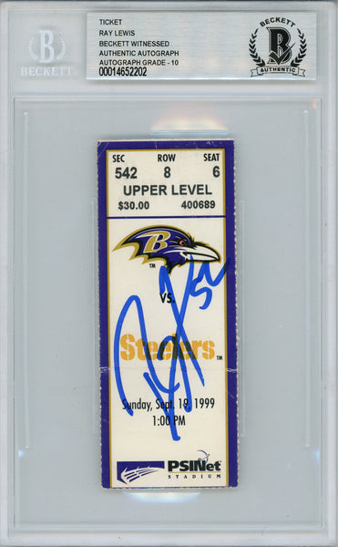 Ray Lewis Autographed/Signed 9/19/1999 vs Steelers Ticket Beckett Slab 39182